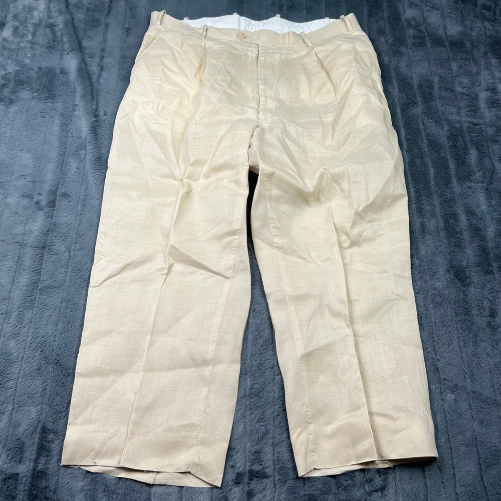 Pronti Collection by Phita Mens XL 40x34 Tan 100% Linen Pleated Dress Pants